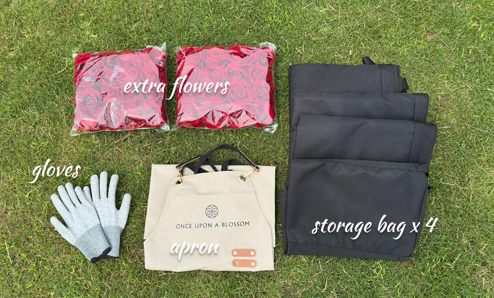 Flat lay of included accessories—storage bags, gloves, apron, and spare flowers provided with every order.