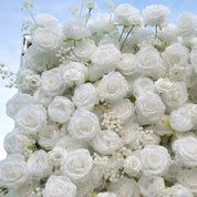 detail shot of petals and foliage of white flower wall featuring white roses, from our Angel’s Breath