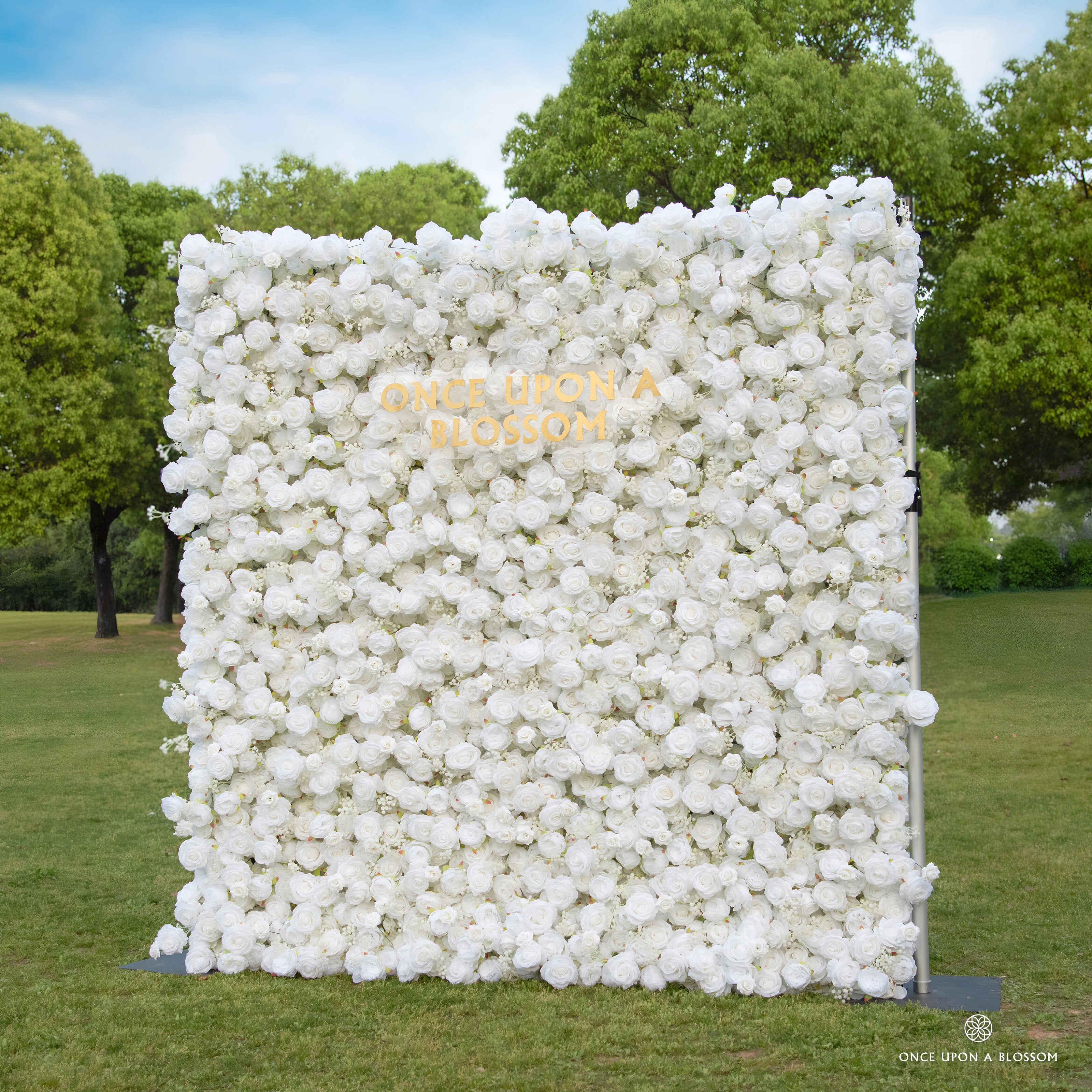 right-side angle of white flower wall featuring white roses, from our Angel’s Breath