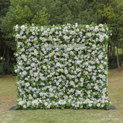 Front view of Morning Sunshine ivory flower wall backdrop with greenery base by Once Upon a Blossom — a bright, uplifting flower backdrop for weddings and venues.