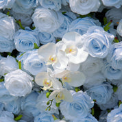 Detail of lifelike blue and white blooms from Cotton Sky backdrop.