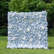 Front view of Cotton Sky flower wall in soft blue and white tones.