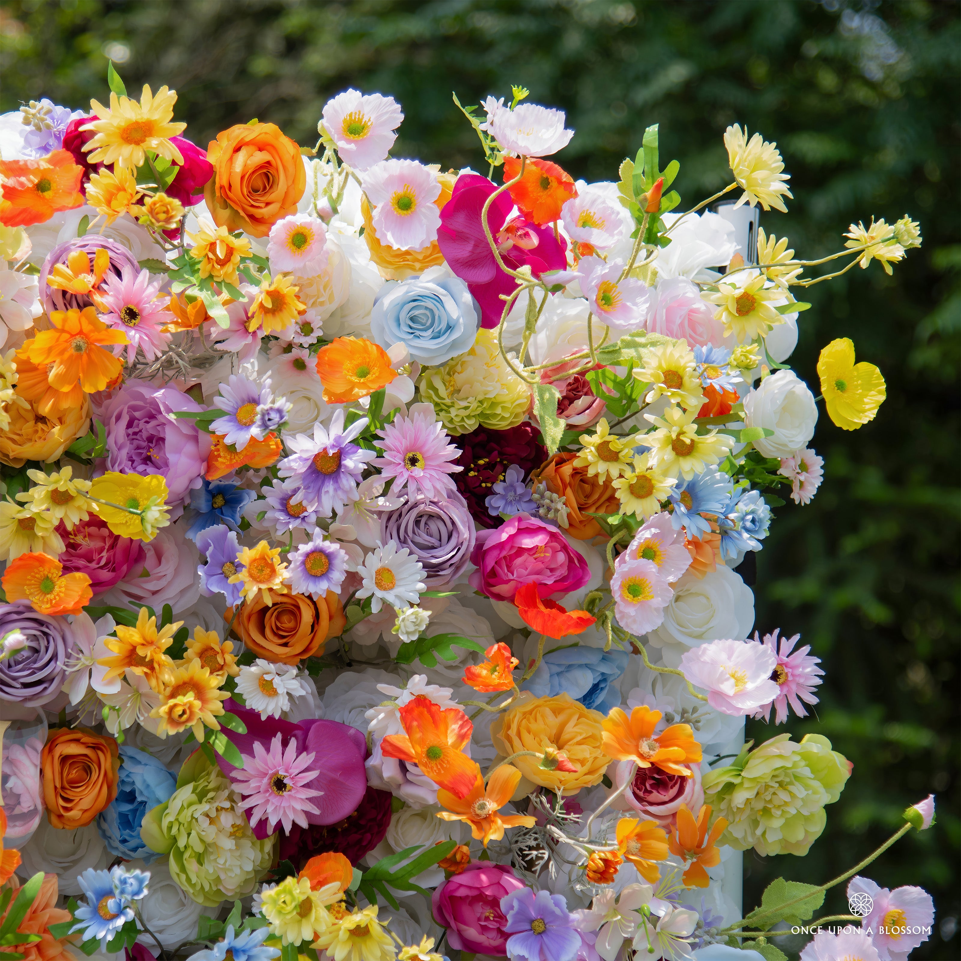 Close-up of Wildflower Field wall—purple, yellow, pink, and orange florals