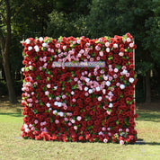 Side angle of the Date Night red rose flower wall showing its full 8x8 shape and layered pink roses