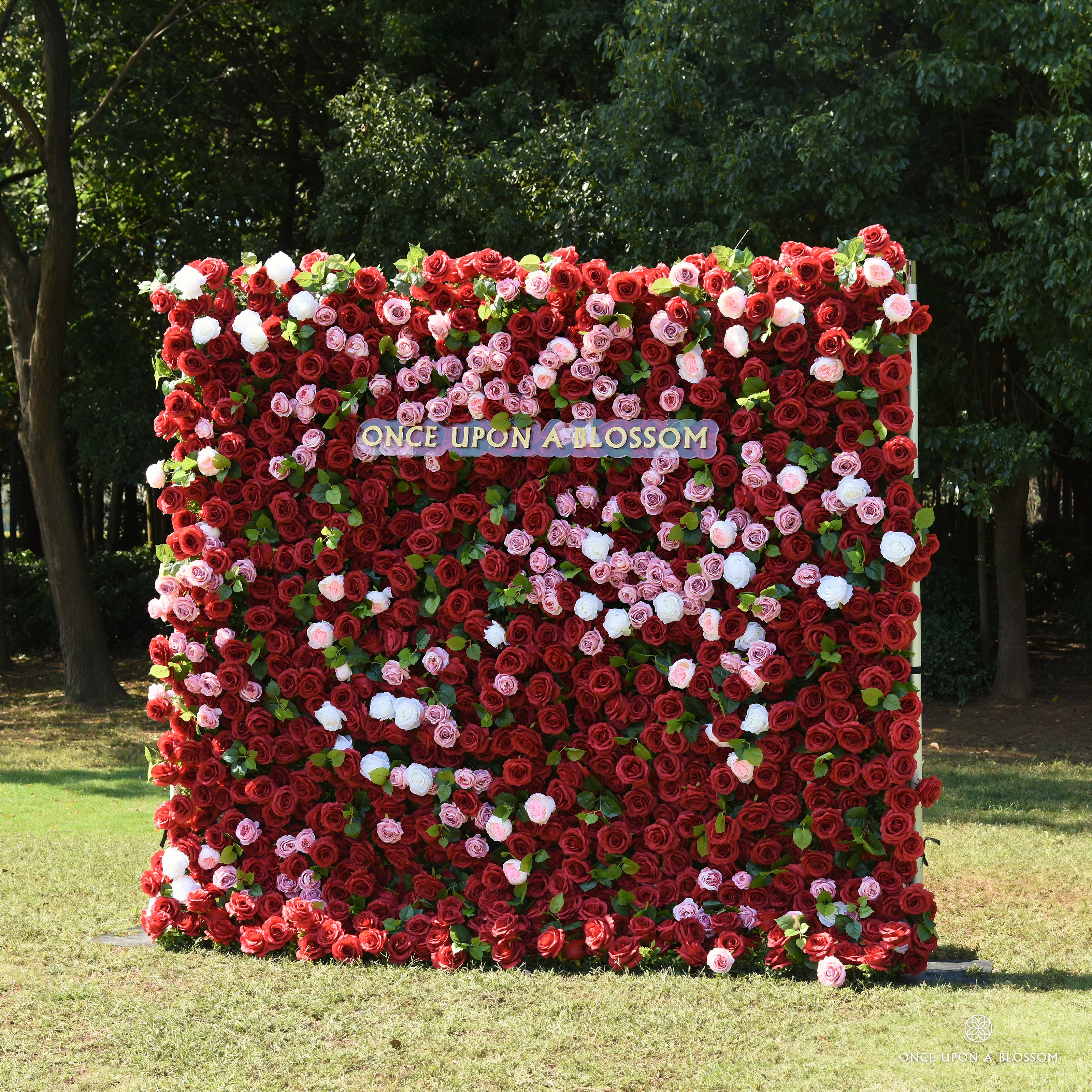Side angle of the Date Night red rose flower wall showing its full 8x8 shape and layered pink roses