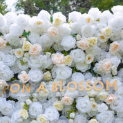 Close-up of layered roses and chrysanthemums on Ever After wedding backdrop
