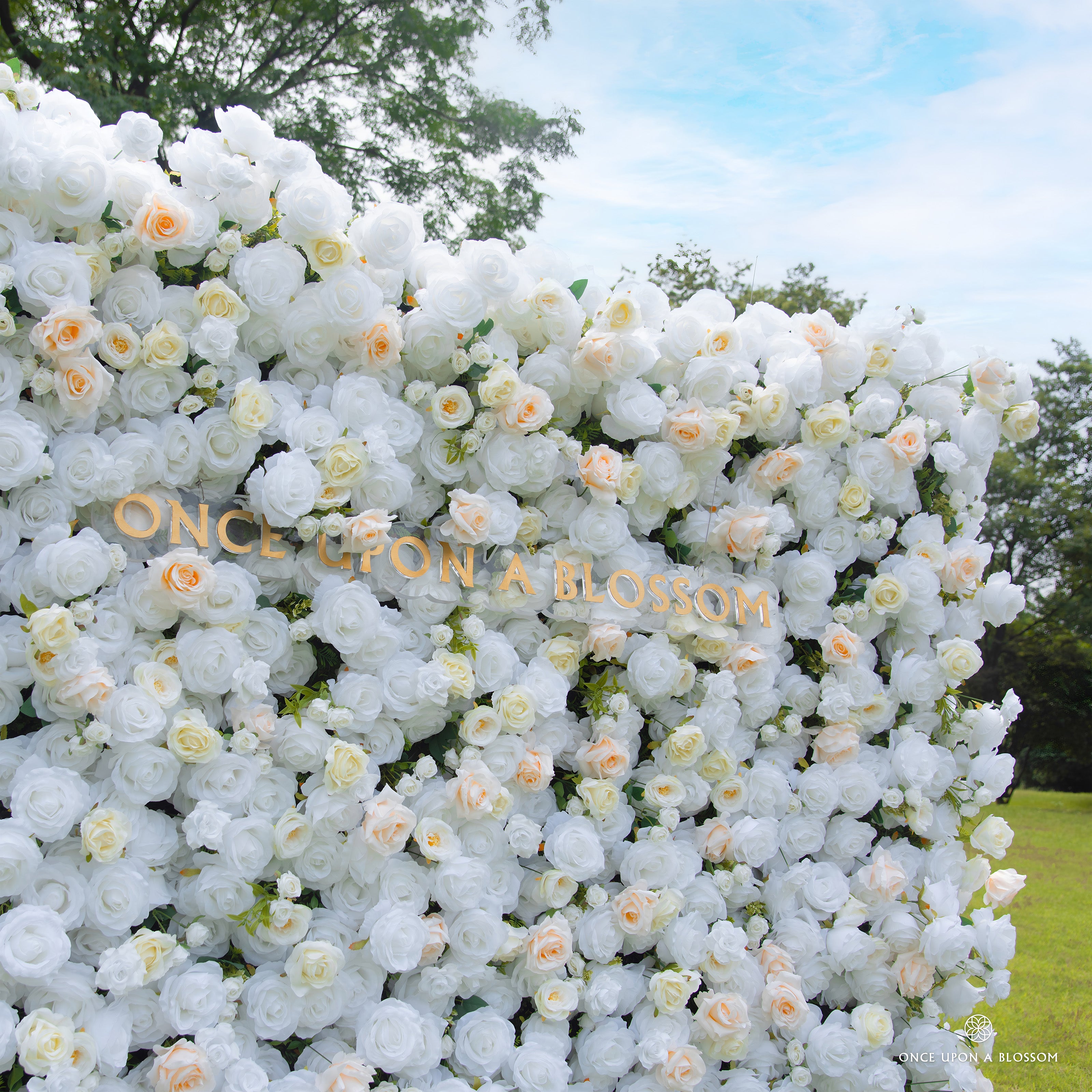 Side view of Ever After flower wall backdrop for weddings and events