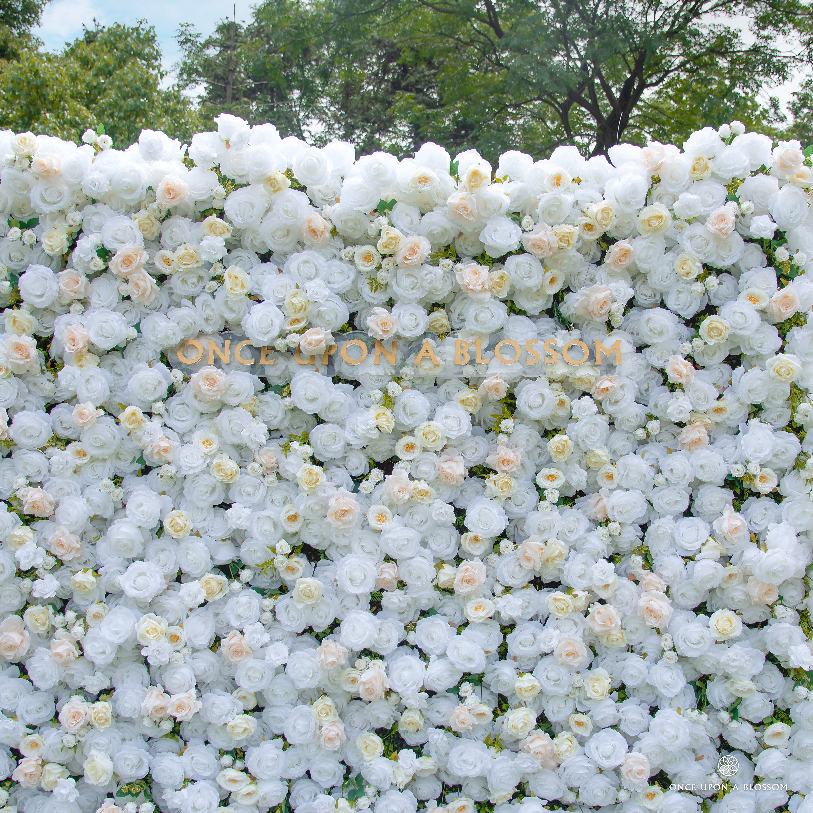 Front view of Ever After wedding flower wall backdrop