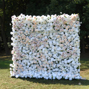 Side angle of the First Blush white rose flower wall showing its full 8x8 shape and soft blush accents
