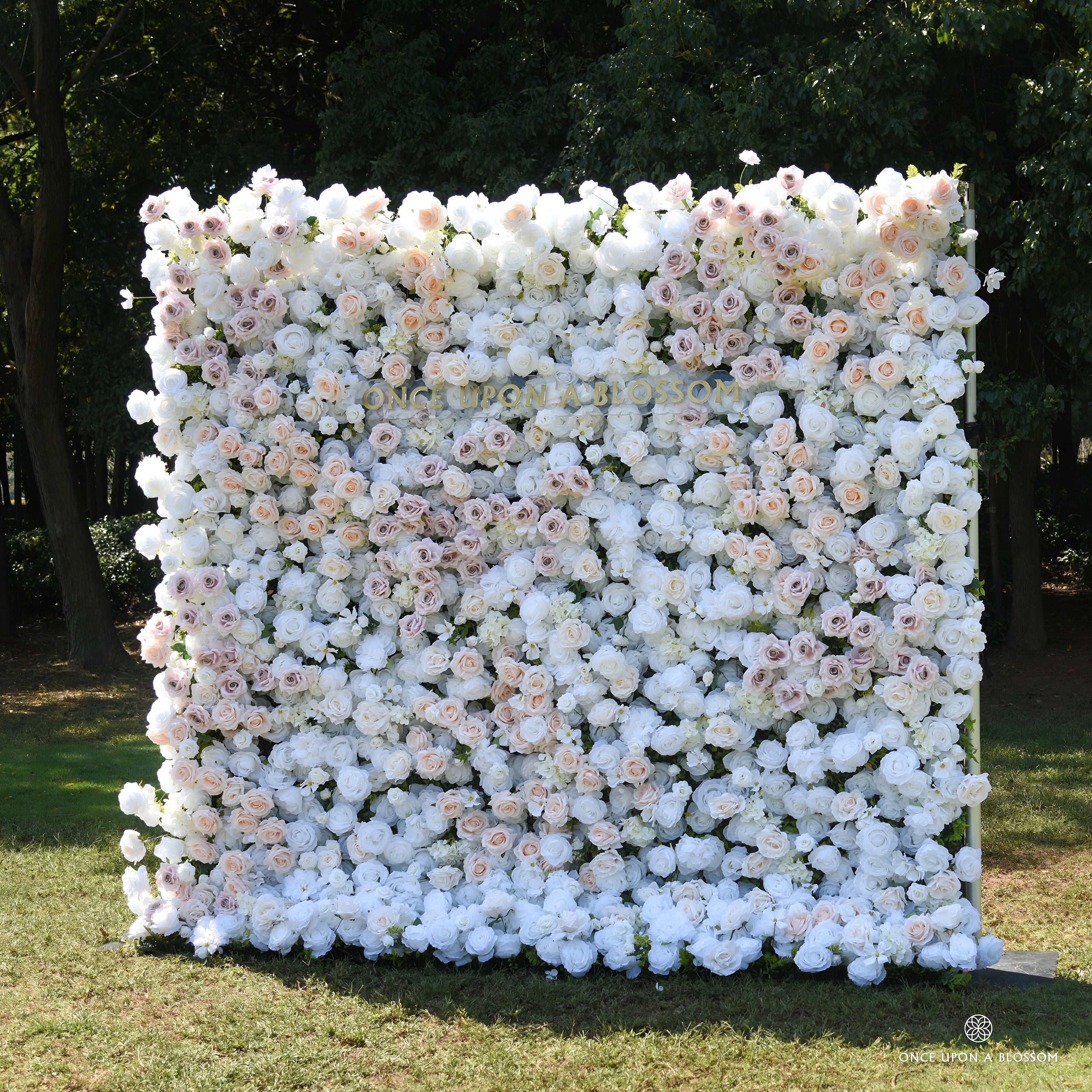 Side angle of the First Blush white rose flower wall showing its full 8x8 shape and soft blush accents