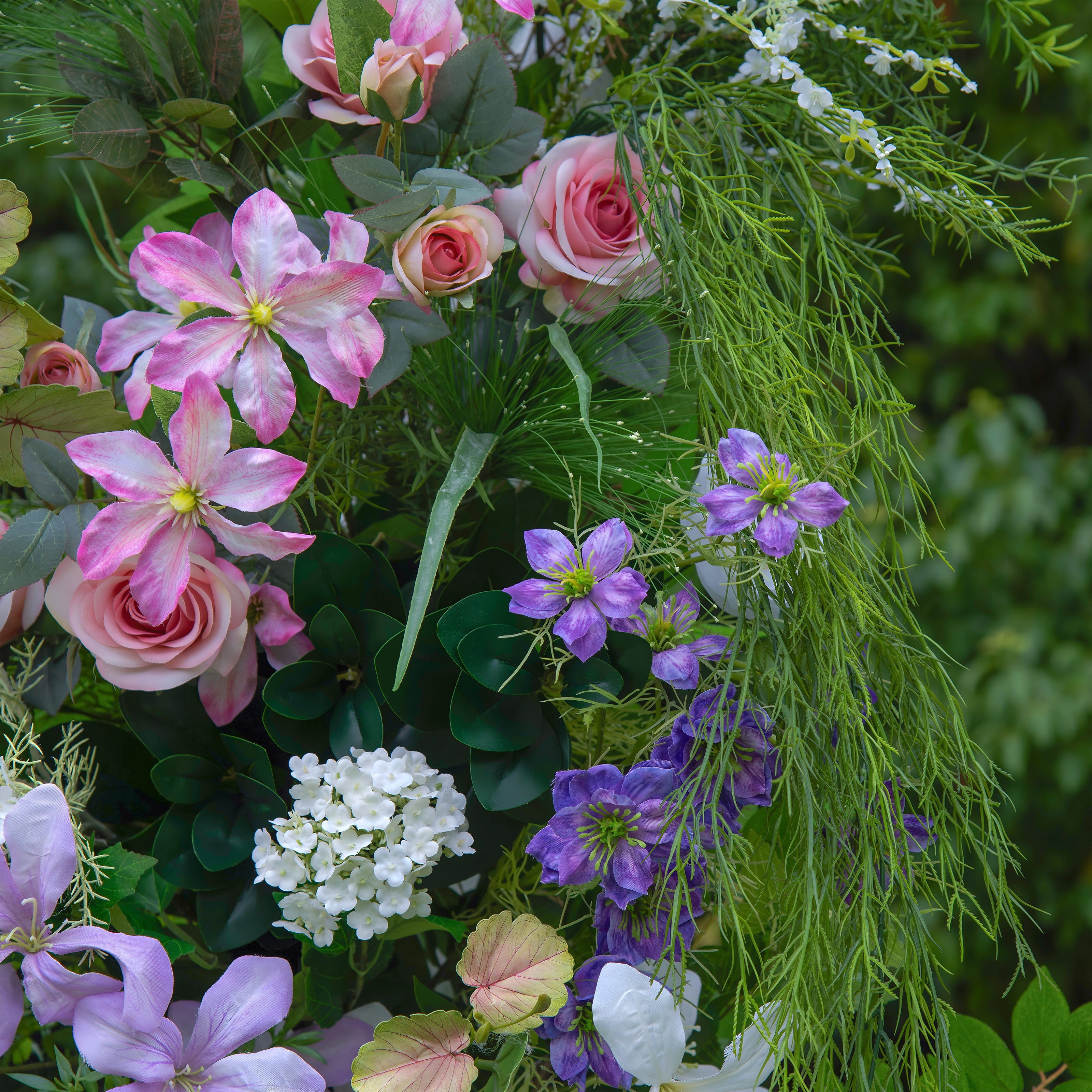 Colorful petal and foliage composition from Wild Pop flower arch.