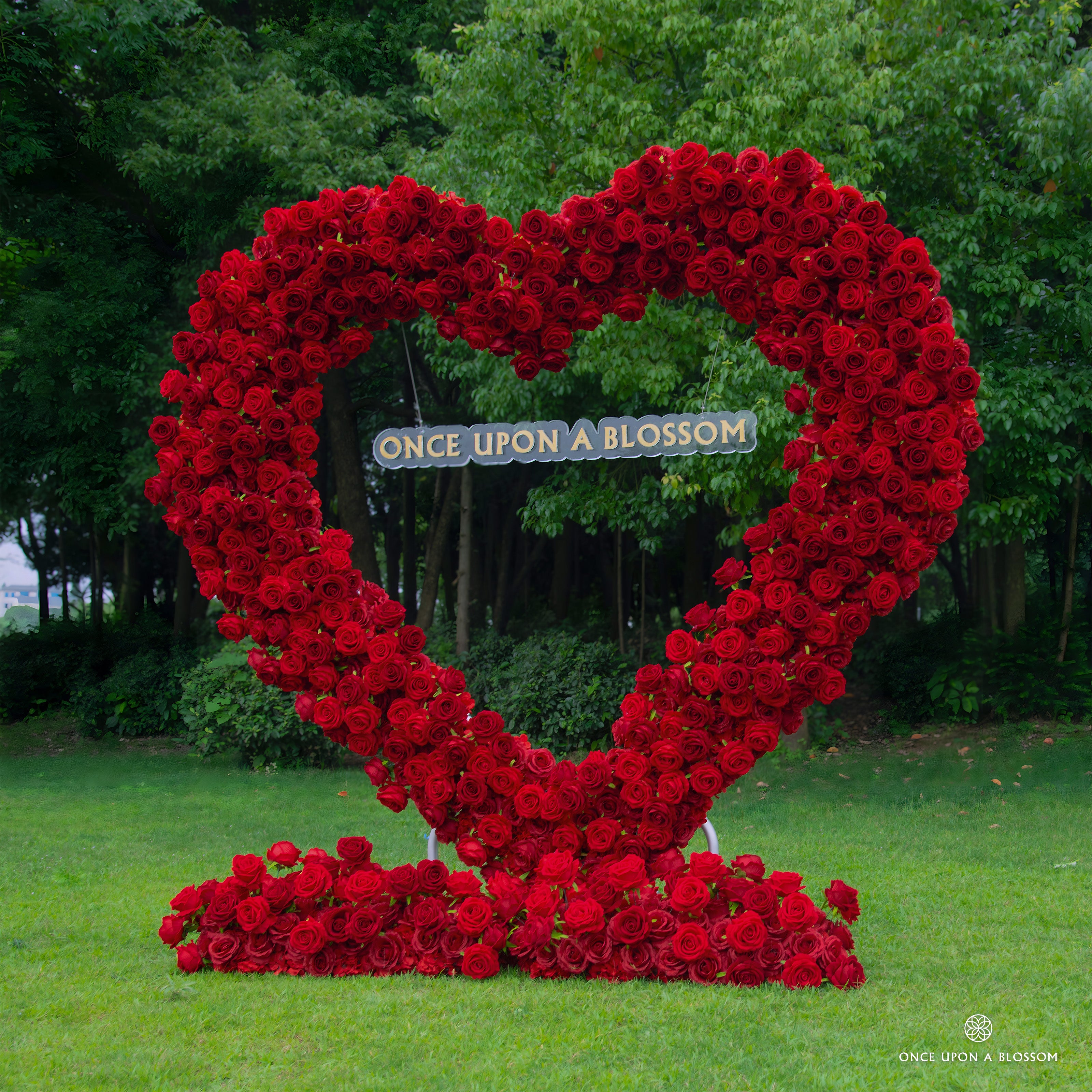 Right side of Pulse arch showing bold red florals and heart-shaped frame.