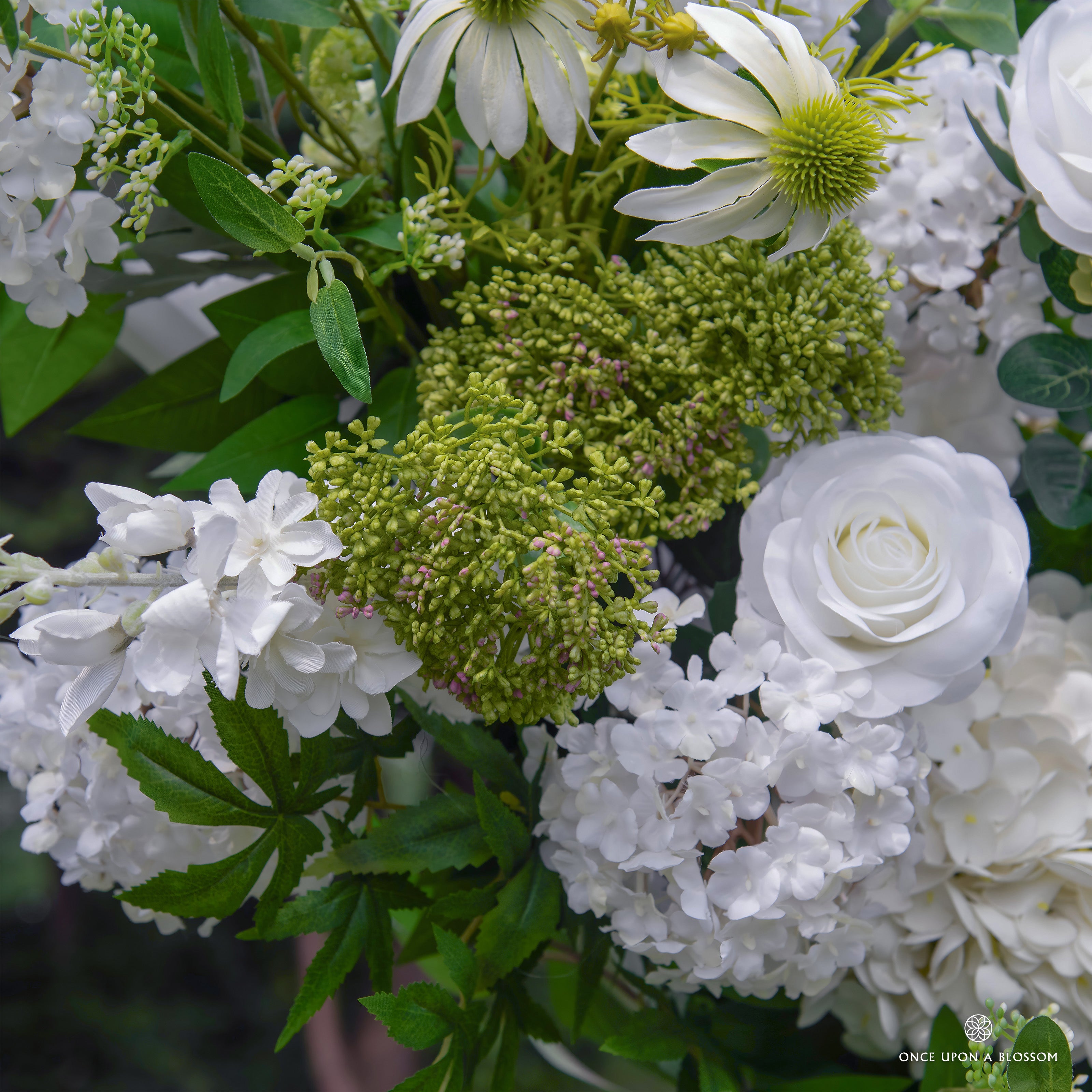 Be Here Now flower arch texture—white blooms with lifelike foliage.