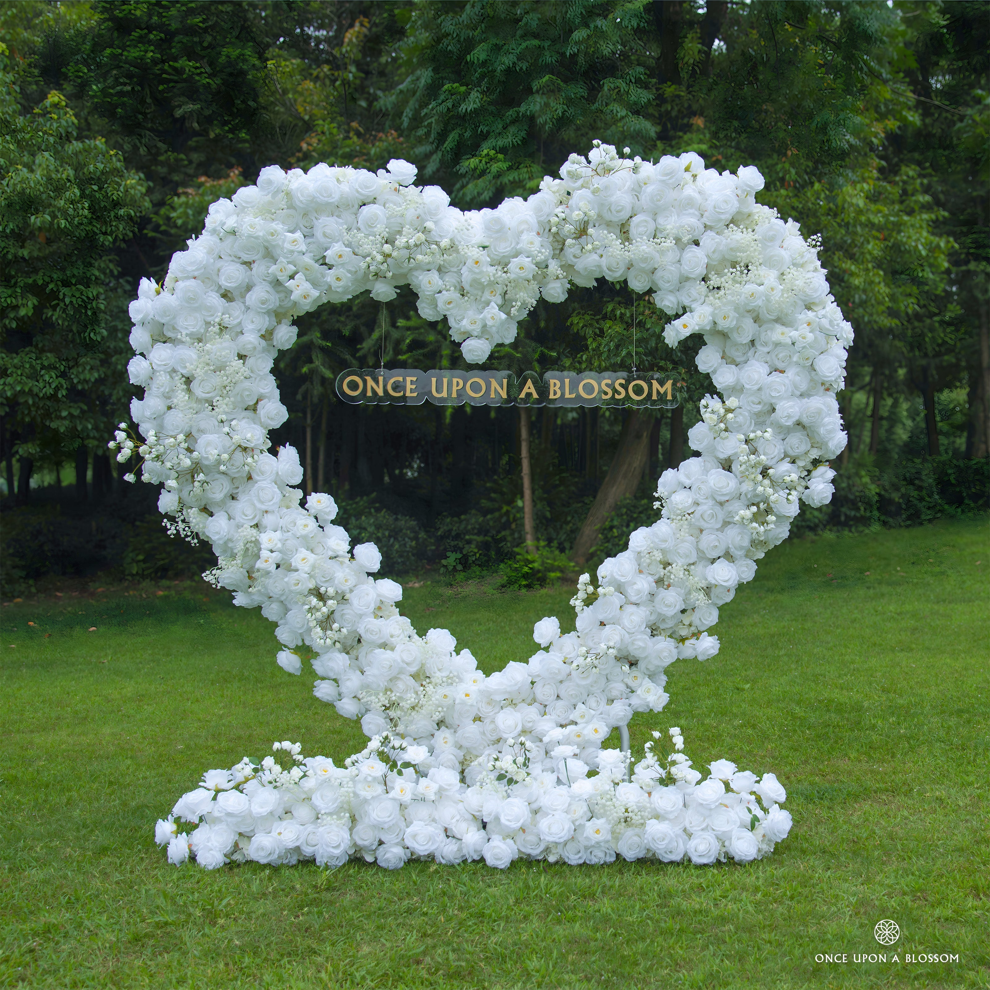 Front view of Echo white heart-shaped flower arch with white silk roses