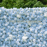 Close-up of Cotton Sky flower wall—blue and white silk roses.