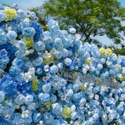 close-up of flower textures of blue and white flower wall featuring hydrangeas and roses, from our Something Blue.