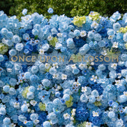 close-up of flower textures of blue and white flower wall featuring hydrangeas and roses, from our Something Blue.
