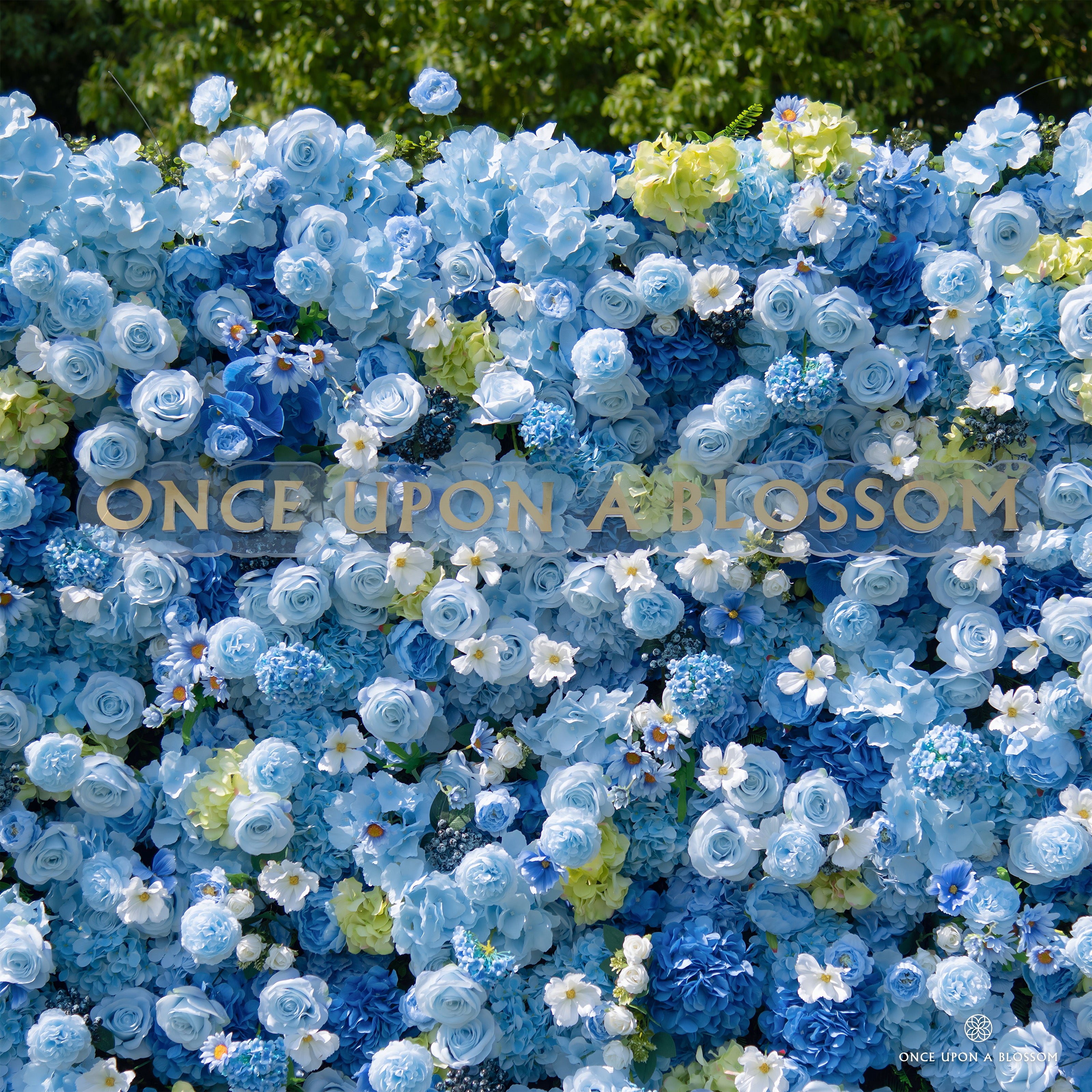 close-up of flower textures of blue and white flower wall featuring hydrangeas and roses, from our Something Blue.