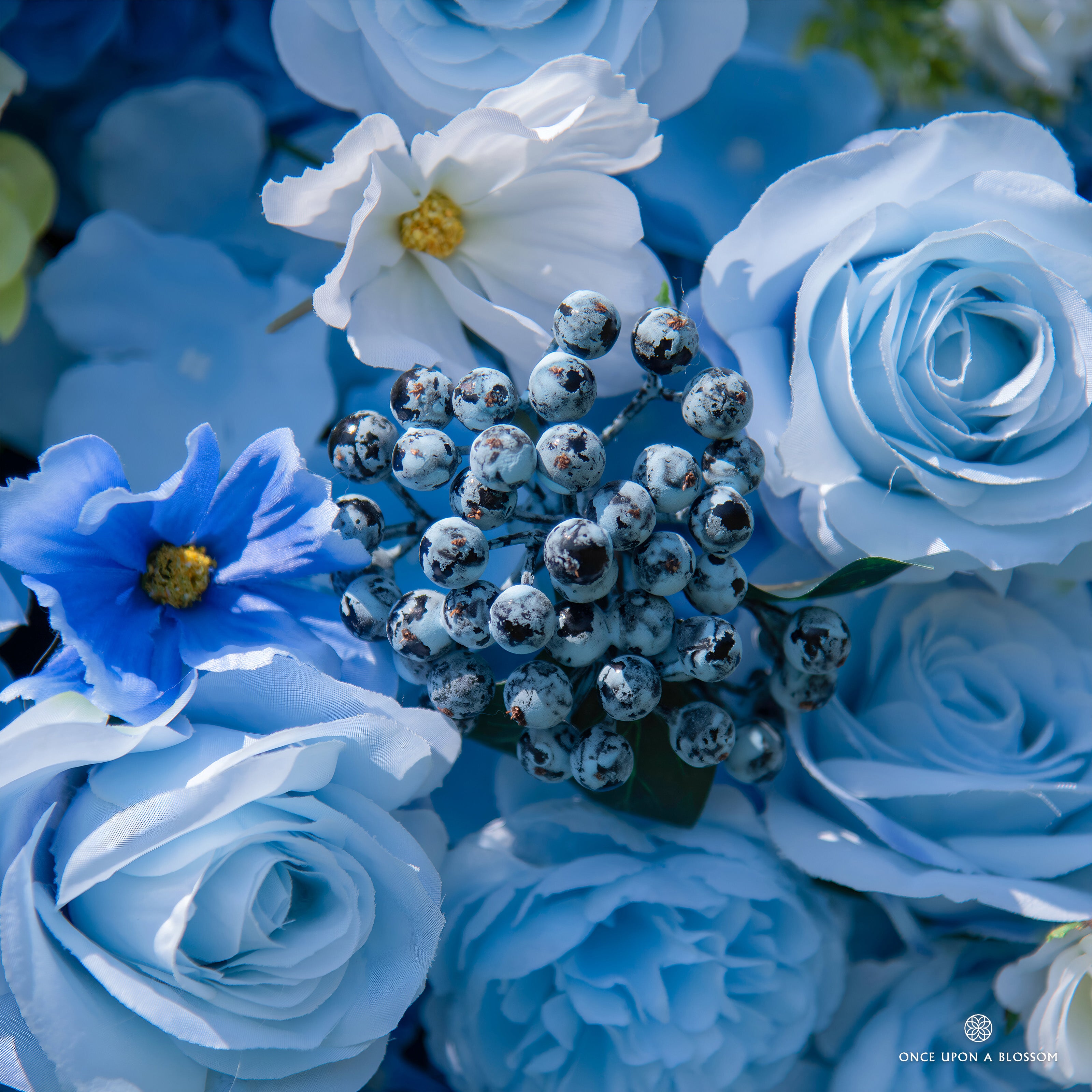 close-up of flower textures of blue and white flower wall featuring hydrangeas and roses, from our Something Blue.