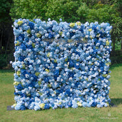 left-side angle of blue and white flower wall featuring hydrangeas and roses, from our Something Blue.

