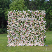 Front view of Spring Melody champagne flower wall with soft pastel roses.