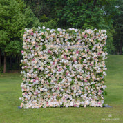 Left side view of Spring Melody flower wall showing layered pastel roses.