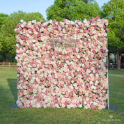 right-side angle of pink and white flower wall featuring roses, from our Rosé All Day