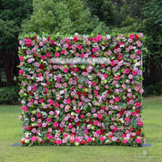 Front view of Summer Sangria purple flower wall with rich berry-toned roses.