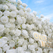 close-up of flower textures of white flower wall backdrop featuring white roses, from our Angel’s Breath.