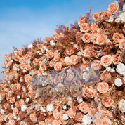 close-up of flower textures of gold, white, and orange flower wall featuring roses and golden leaves, from our Golden Hours.
