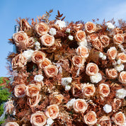close-up of flower textures of gold, white, and orange flower wall featuring roses and golden leaves, from our Golden Hours.
