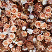 detail shot of petals and foliage of gold, white, and orange flower wall featuring roses and golden leaves, from our Golden Hours.