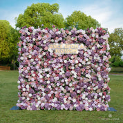 front view of purple, pink, and white flower wall featuring roses, from our Purple Velvet.