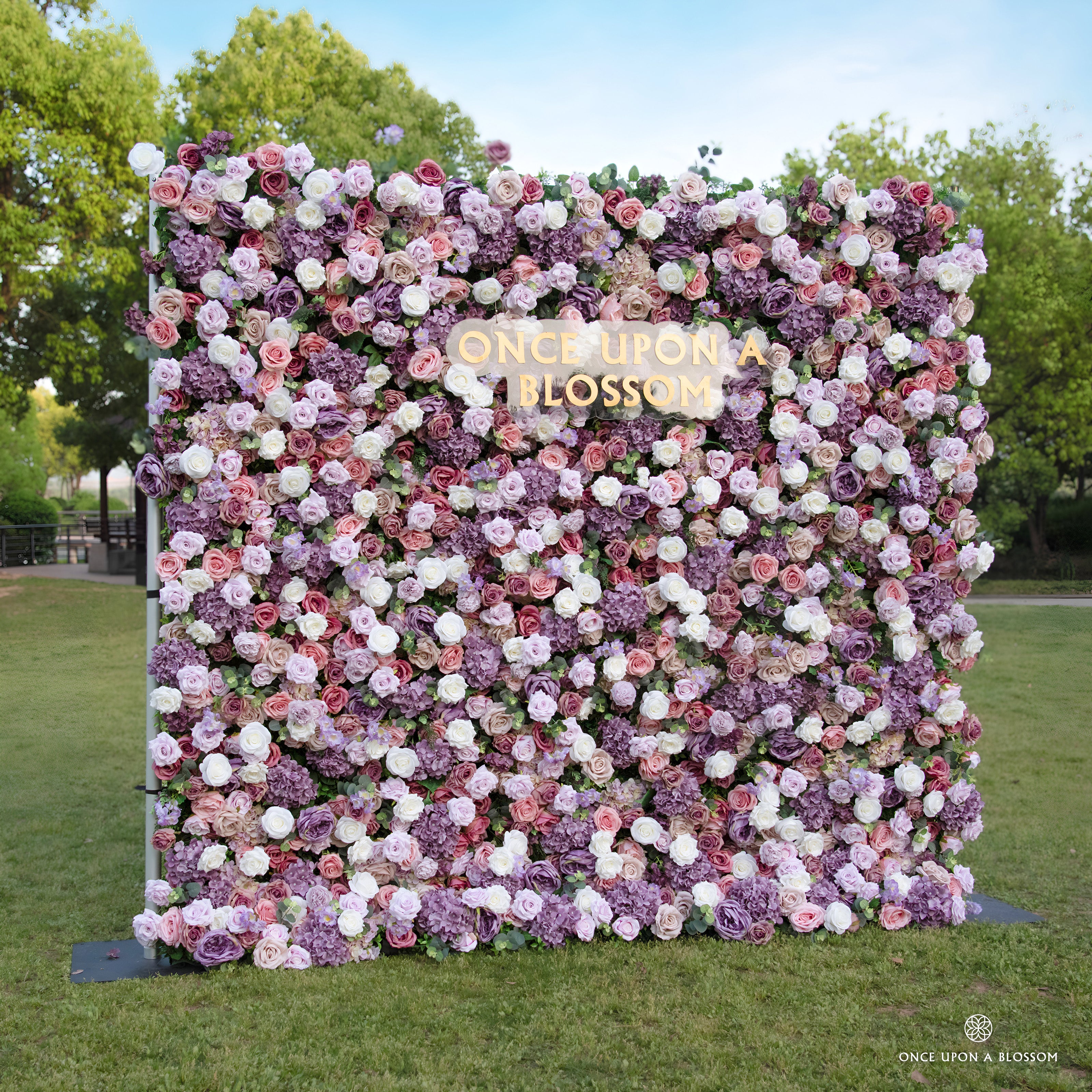 left-side angle of purple, pink, and white flower wall featuring roses, from our Purple Velvet.