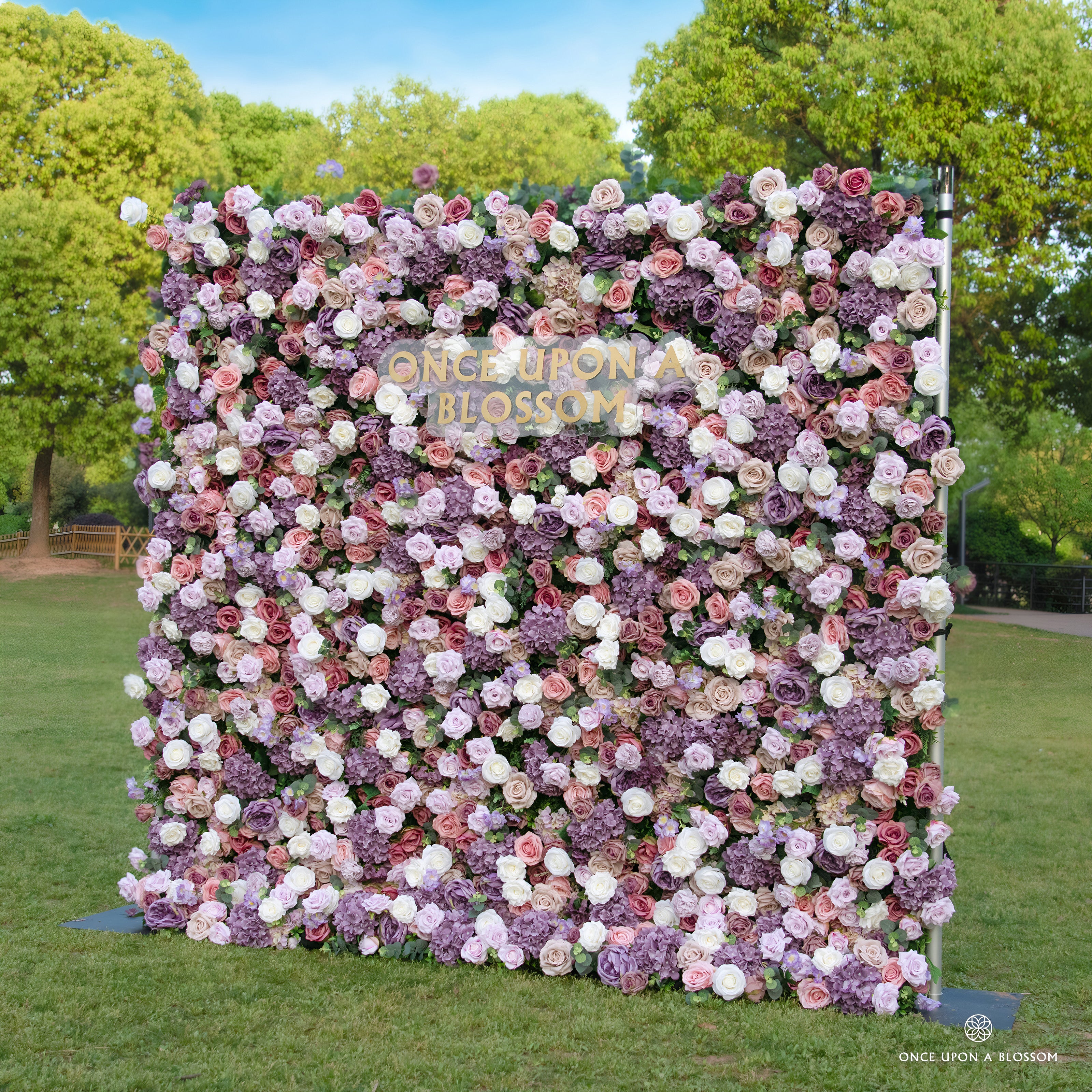 right-side angle of purple, pink, and white flower wall featuring roses, from our Purple Velvet.