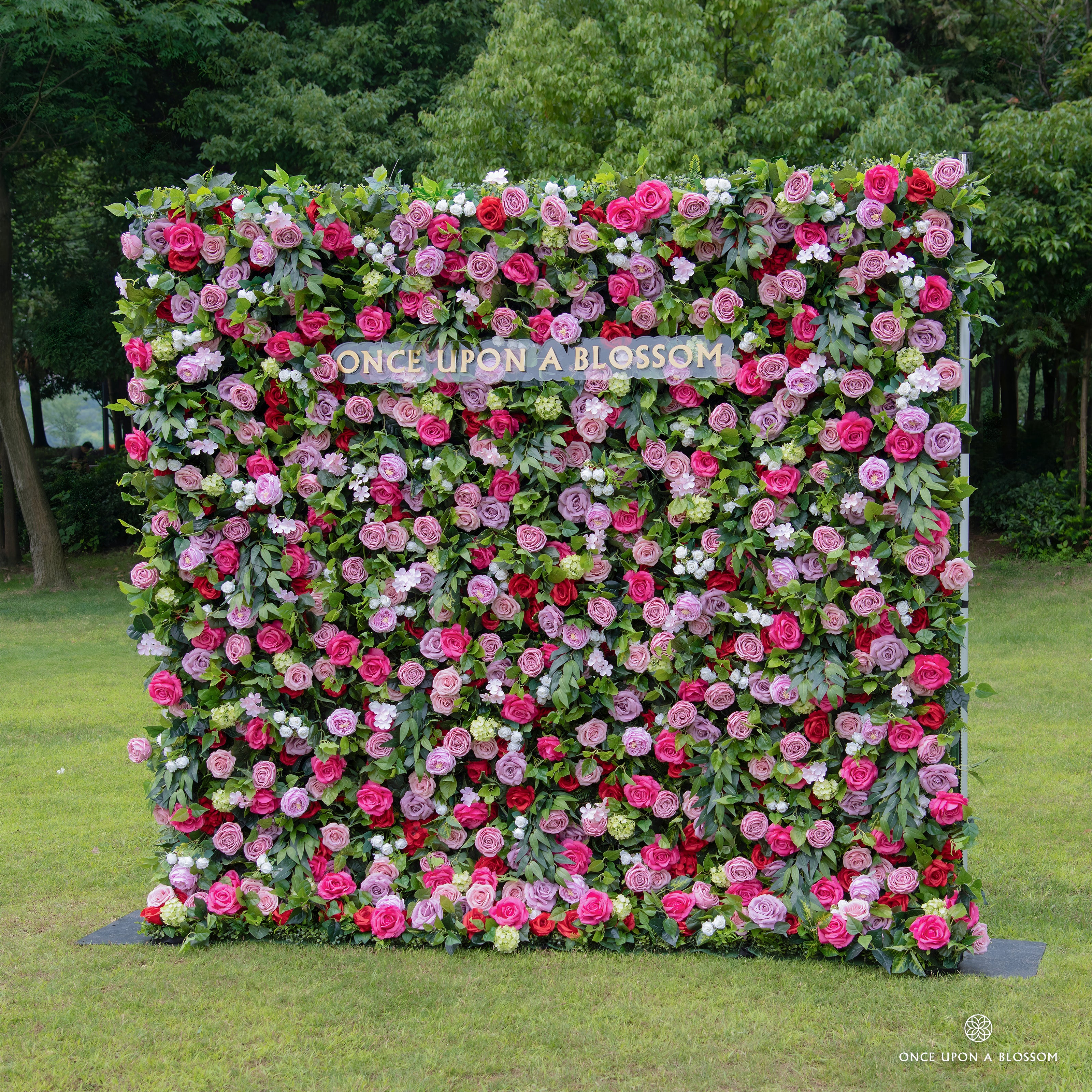 Right side view of Summer Sangria flower wall, highlighting layered colors and texture.