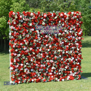 left-side view of red, white, and green flower wall featuring roses and greenery, from our Ruby Rouge.