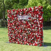 right-side view of red, white, and green flower wall featuring roses and greenery, from our Ruby Rouge.
