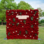 front view of red flower wall featuring premium red roses, from our Lost Roses.