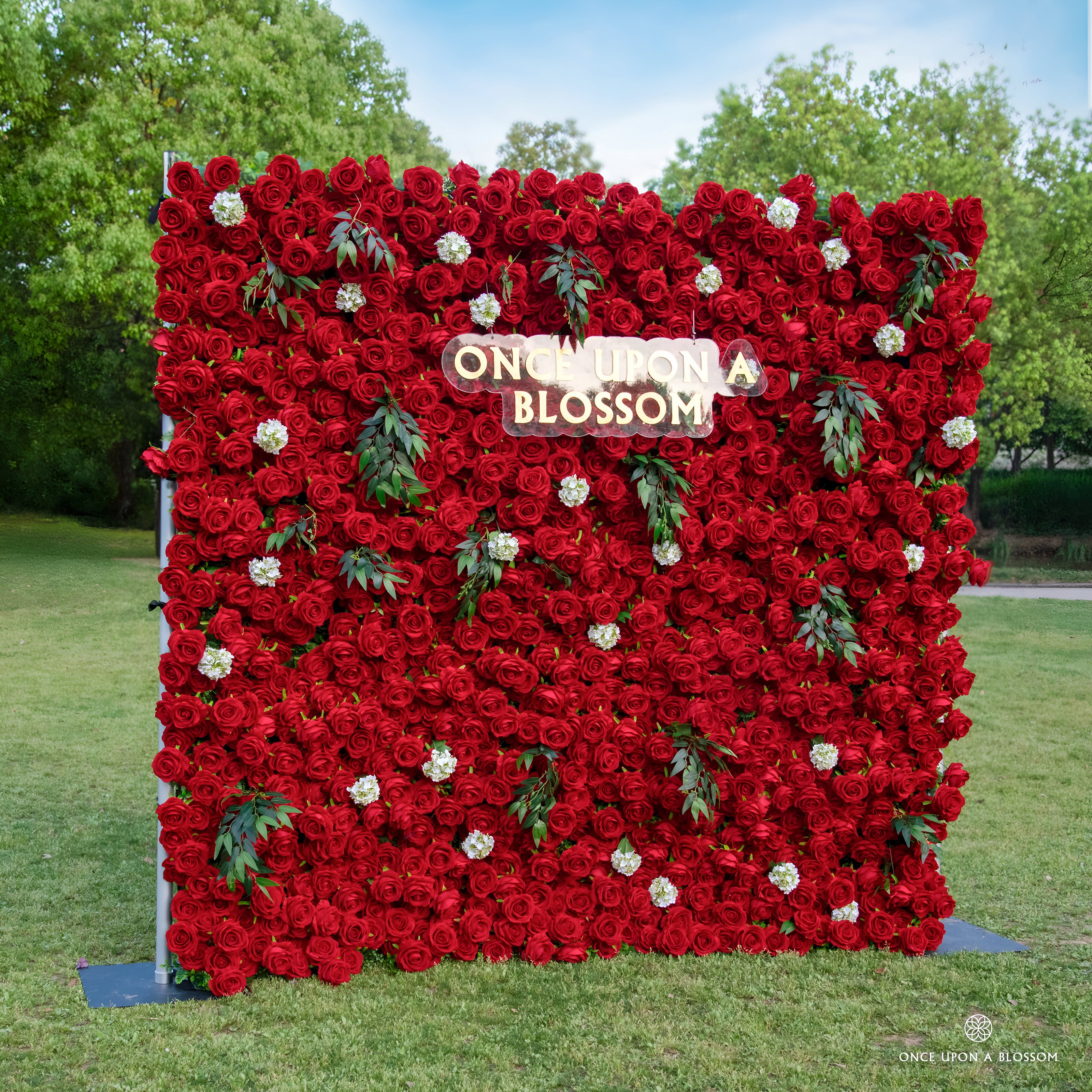 left-side view of red flower wall featuring premium red roses, from our Lost Roses.
