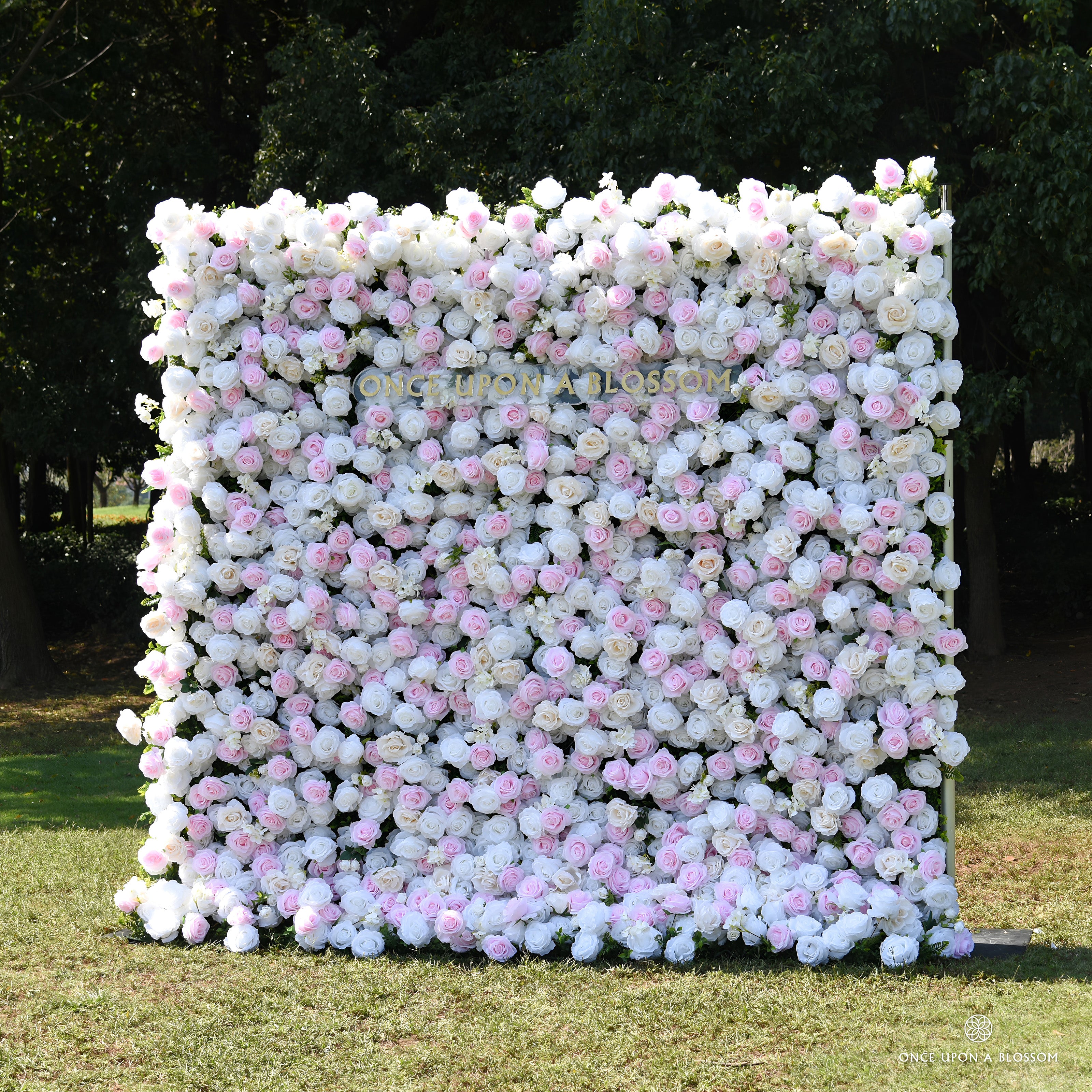 Side angle of the Sweet Nothings pink and white rose flower wall showing its full 8x8 shape