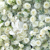 detail shot of petals and foliage of ivory and green flower wall featuring roses and greenery, from our Moonlit Garden